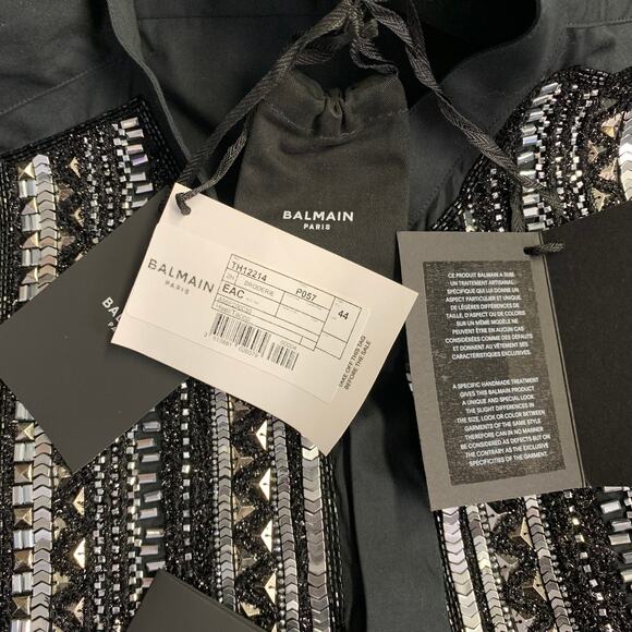 BALMAIN Size XS Black Silver Beaded Bib Nehru Collar Long Sleeve Shirt - Picture 5 of 8